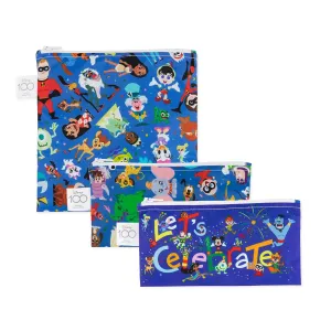 Bumkins Disney Reusable Sandwich and Snack Bags, for Kids School Lunch and for Adults Portion, Washable Fabric, Waterproof Cloth Zip Bag, Travel Pouch, Food-Safe Storage, 3-pk 100 Years Celebration