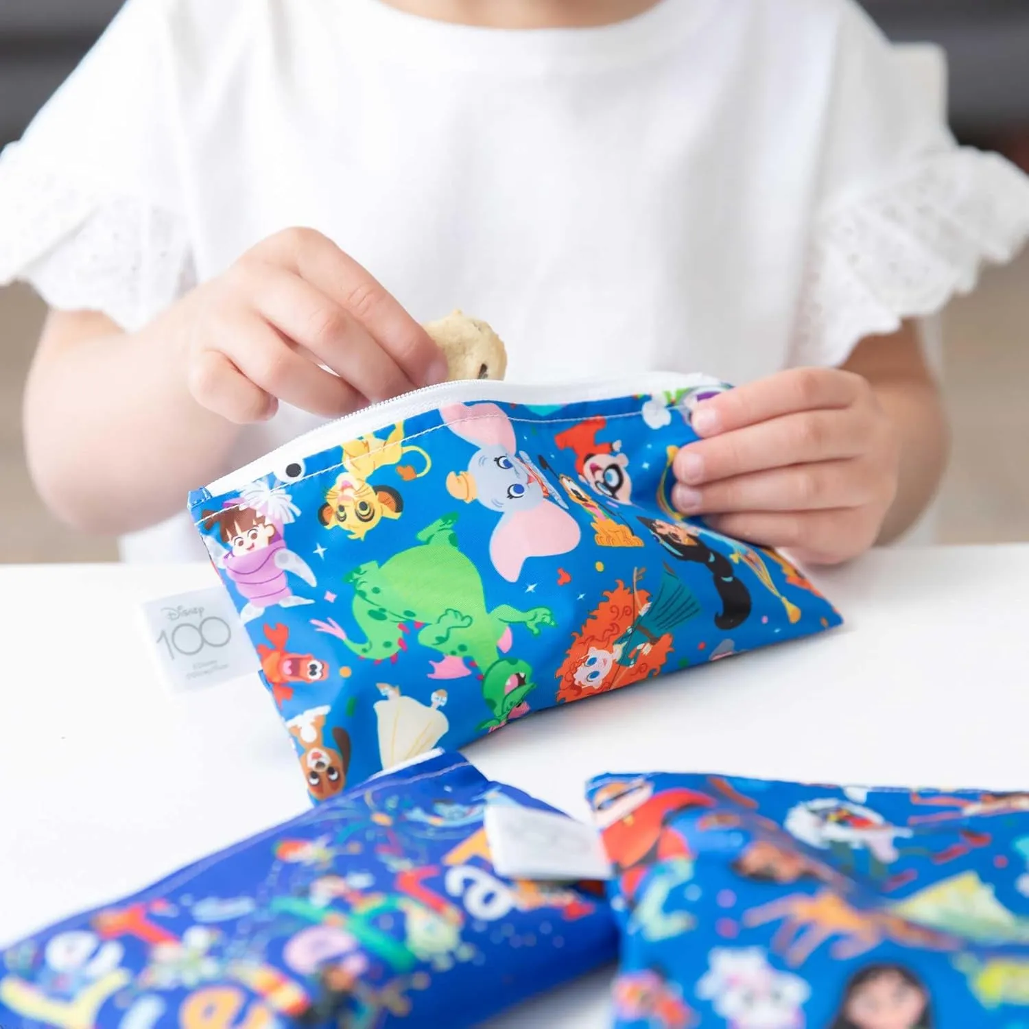 Bumkins Disney Reusable Sandwich and Snack Bags, for Kids School Lunch and for Adults Portion, Washable Fabric, Waterproof Cloth Zip Bag, Travel Pouch, Food-Safe Storage, 3-pk 100 Years Celebration