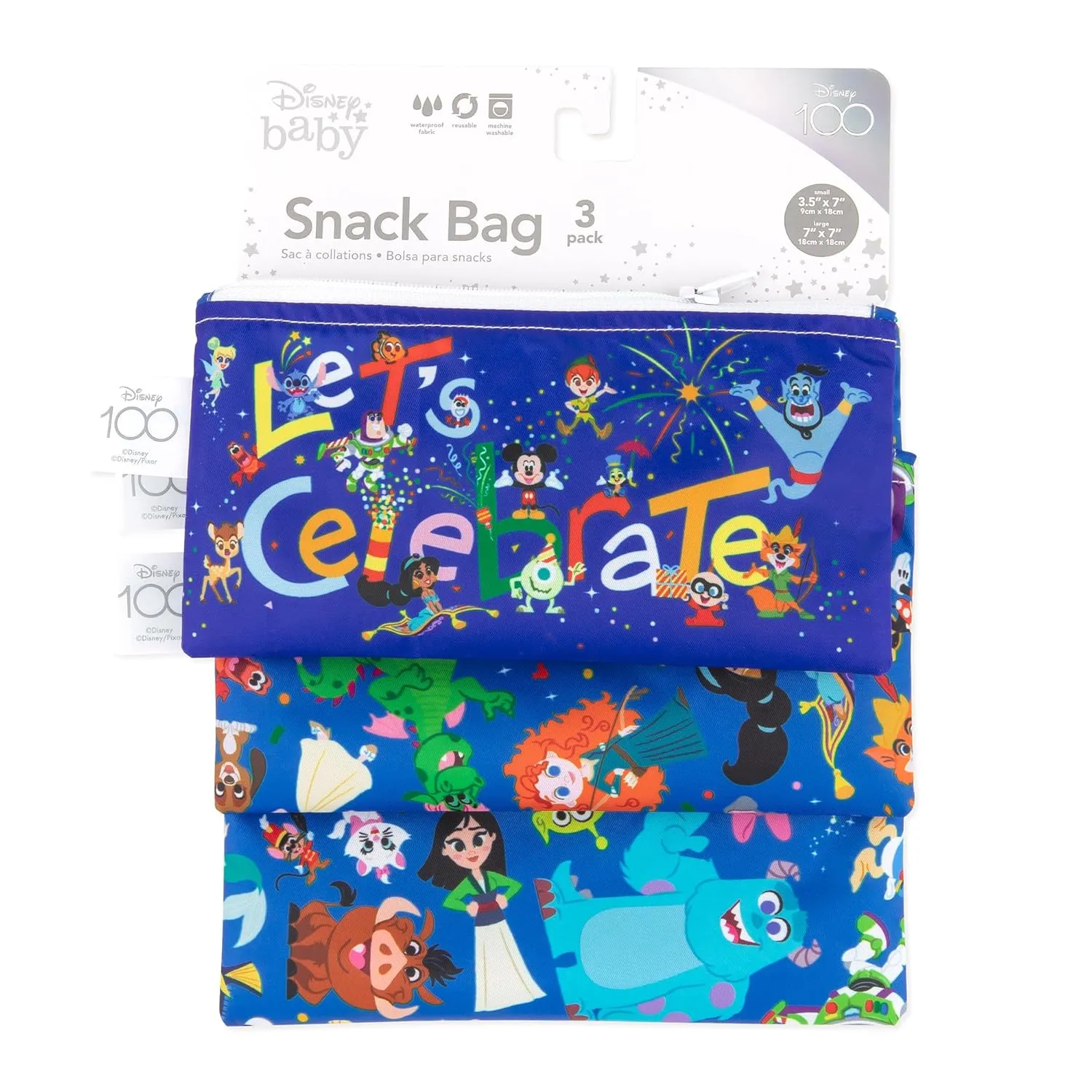 Bumkins Disney Reusable Sandwich and Snack Bags, for Kids School Lunch and for Adults Portion, Washable Fabric, Waterproof Cloth Zip Bag, Travel Pouch, Food-Safe Storage, 3-pk 100 Years Celebration