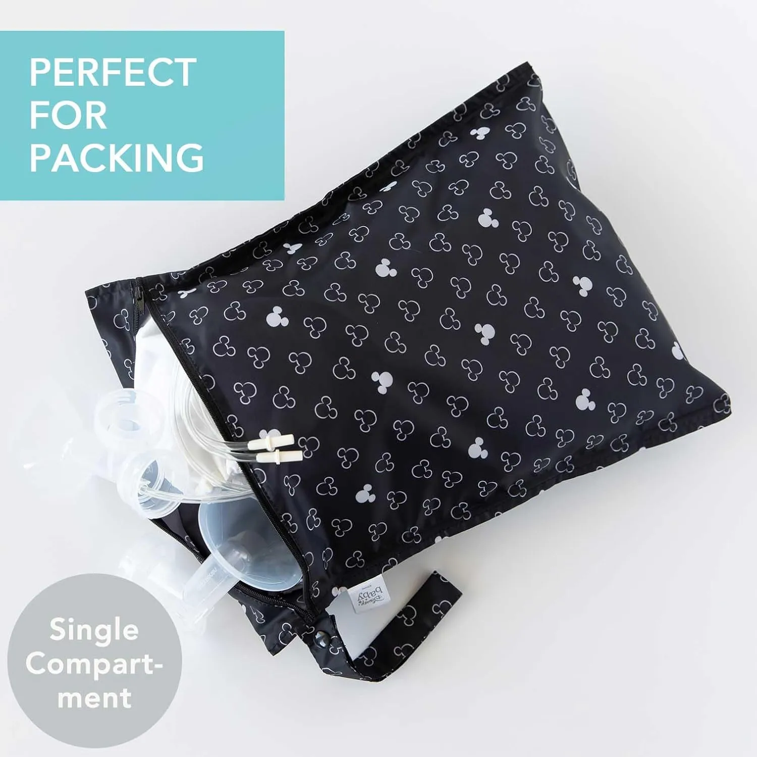 Bumkins Disney Waterproof Wet Bag for Baby, Travel, Swim Suit, Cloth Diapers, Pump Parts, Pool, Beach, Gym Clothes, Toiletry, Hook to Stroller, Daycare, Zip Reusable Wetdry Packing, Mickey Mouse Icon
