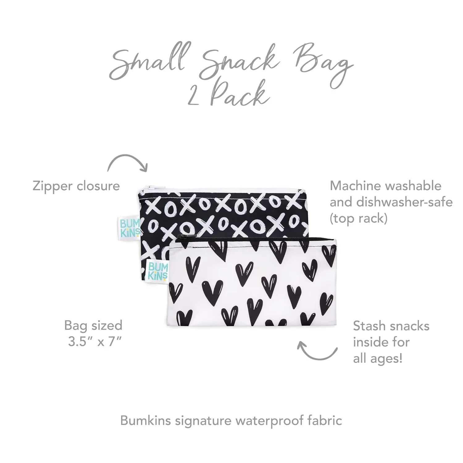 Bumkins Reusable Snack Bags, for Kids School Lunch and for Adults Portion, Washable Fabric, Waterproof Cloth Zip Bag, Supplies Travel Pouch, Food-Safe, 2-pk Hearts and XOXO