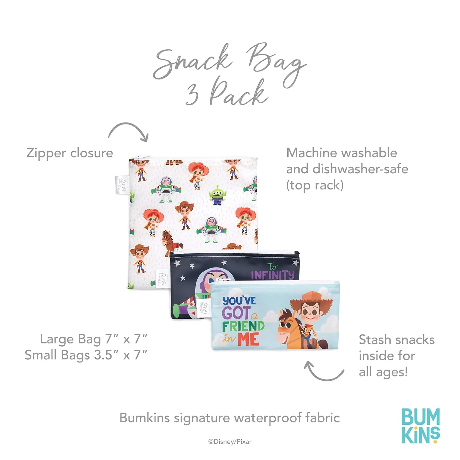 Bumkins Sandwich BagsSnack Bags, Disney Reusable, Washable, Food Safe, BPA Free, Toy Story, Pack of 3