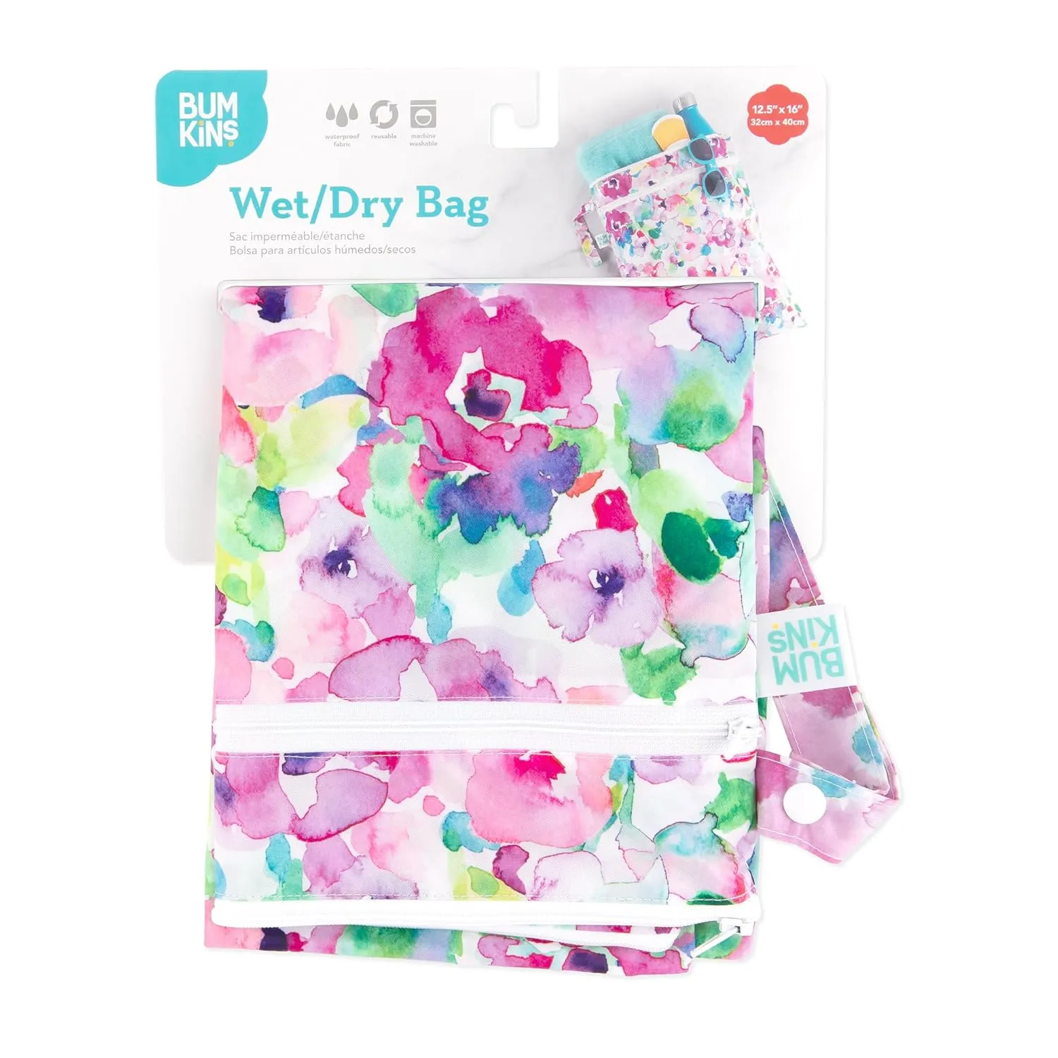 Bumkins Waterproof Wet Dry Bag for Baby, Travel, Swimsuit, Cloth Diaper, Pump Parts, Pool, Beach, Gym Clothes, Toiletry, Hook to Stroller, Daycare, Zip Reusable Wetdry Packing Pouch, Watercolor Floral