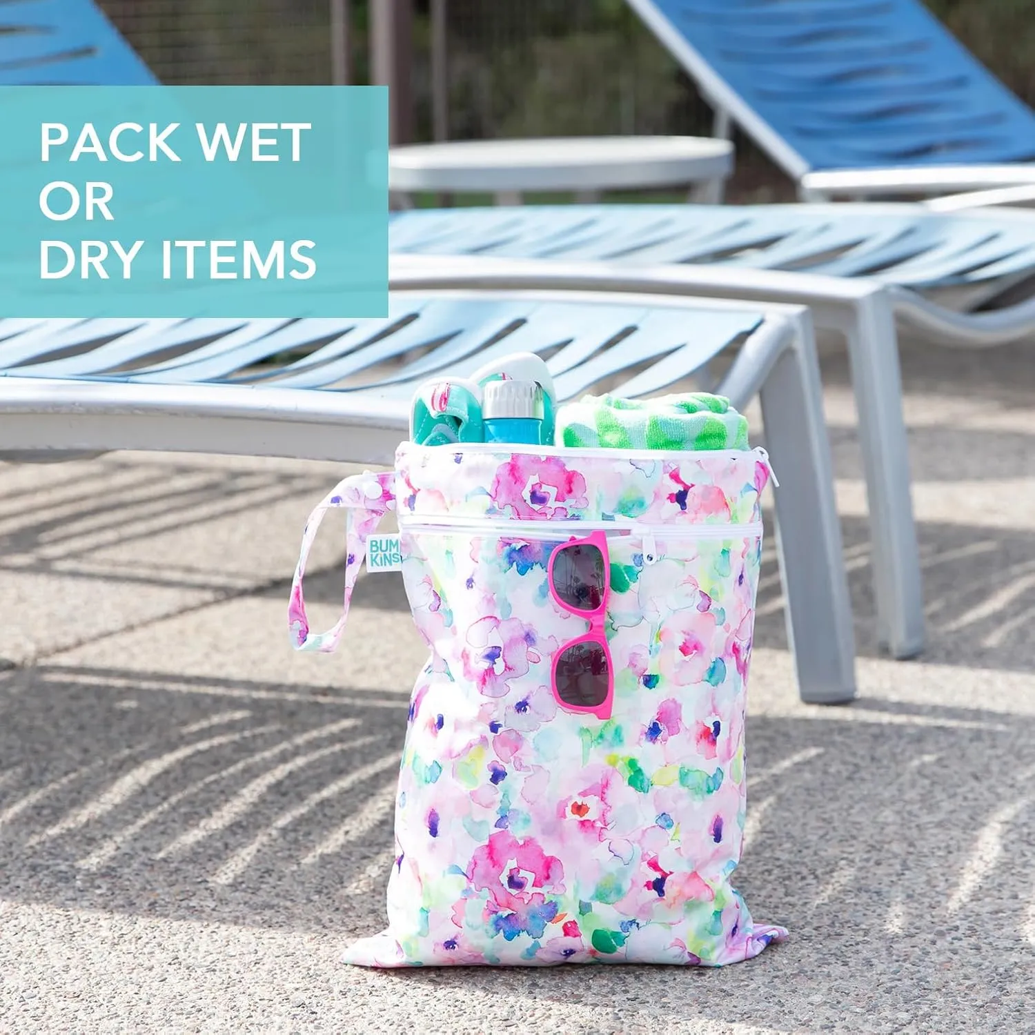 Bumkins Waterproof Wet Dry Bag for Baby, Travel, Swimsuit, Cloth Diaper, Pump Parts, Pool, Beach, Gym Clothes, Toiletry, Hook to Stroller, Daycare, Zip Reusable Wetdry Packing Pouch, Watercolor Floral