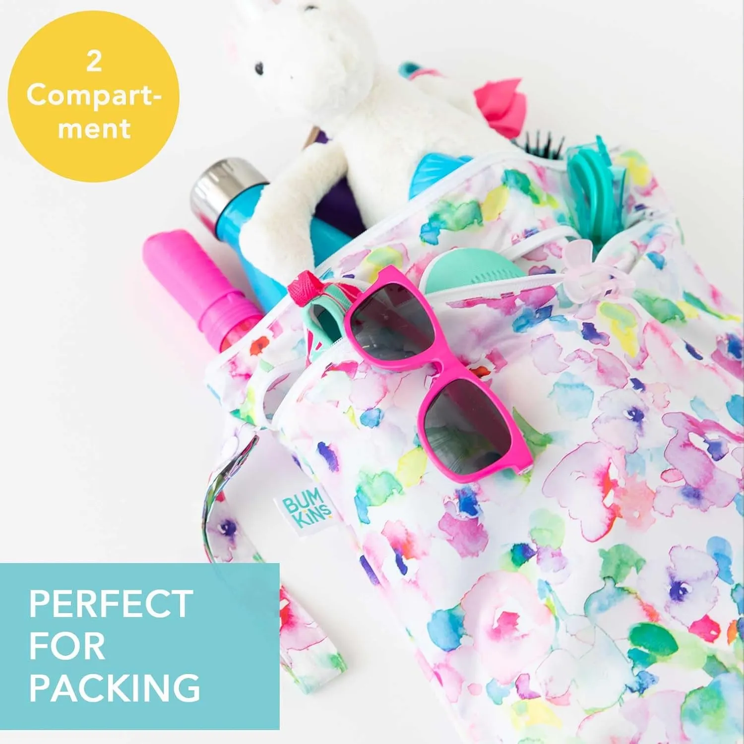 Bumkins Waterproof Wet Dry Bag for Baby, Travel, Swimsuit, Cloth Diaper, Pump Parts, Pool, Beach, Gym Clothes, Toiletry, Hook to Stroller, Daycare, Zip Reusable Wetdry Packing Pouch, Watercolor Floral