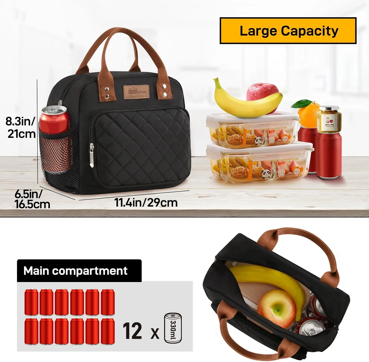 Buringer HOMESPON Lunch Bag for Woman Man Adults with Front Pocket Insulated Lunch Tote Lunch Box Container for Work Picnic or Travel (Black with Side Pockets)