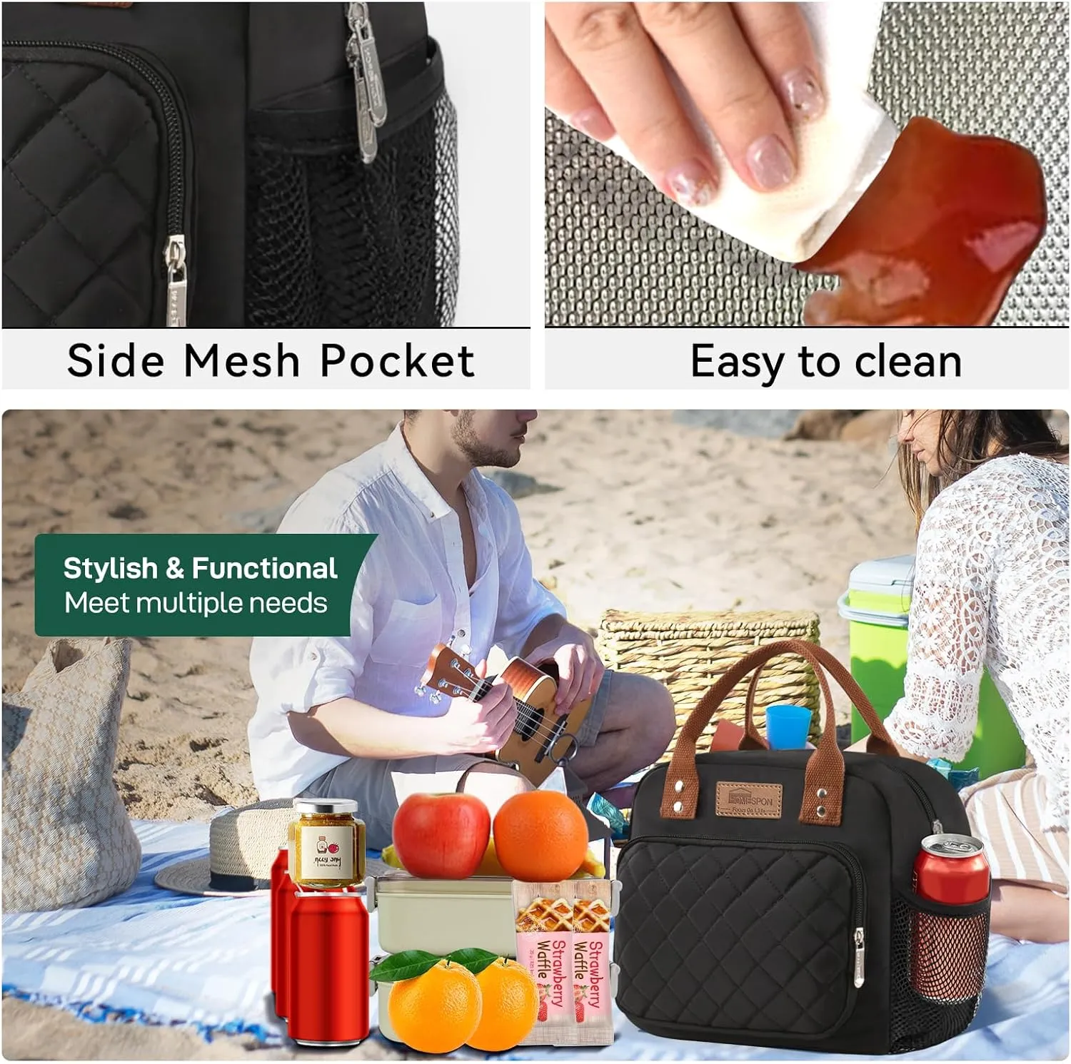 Buringer HOMESPON Lunch Bag for Woman Man Adults with Front Pocket Insulated Lunch Tote Lunch Box Container for Work Picnic or Travel (Black with Side Pockets)