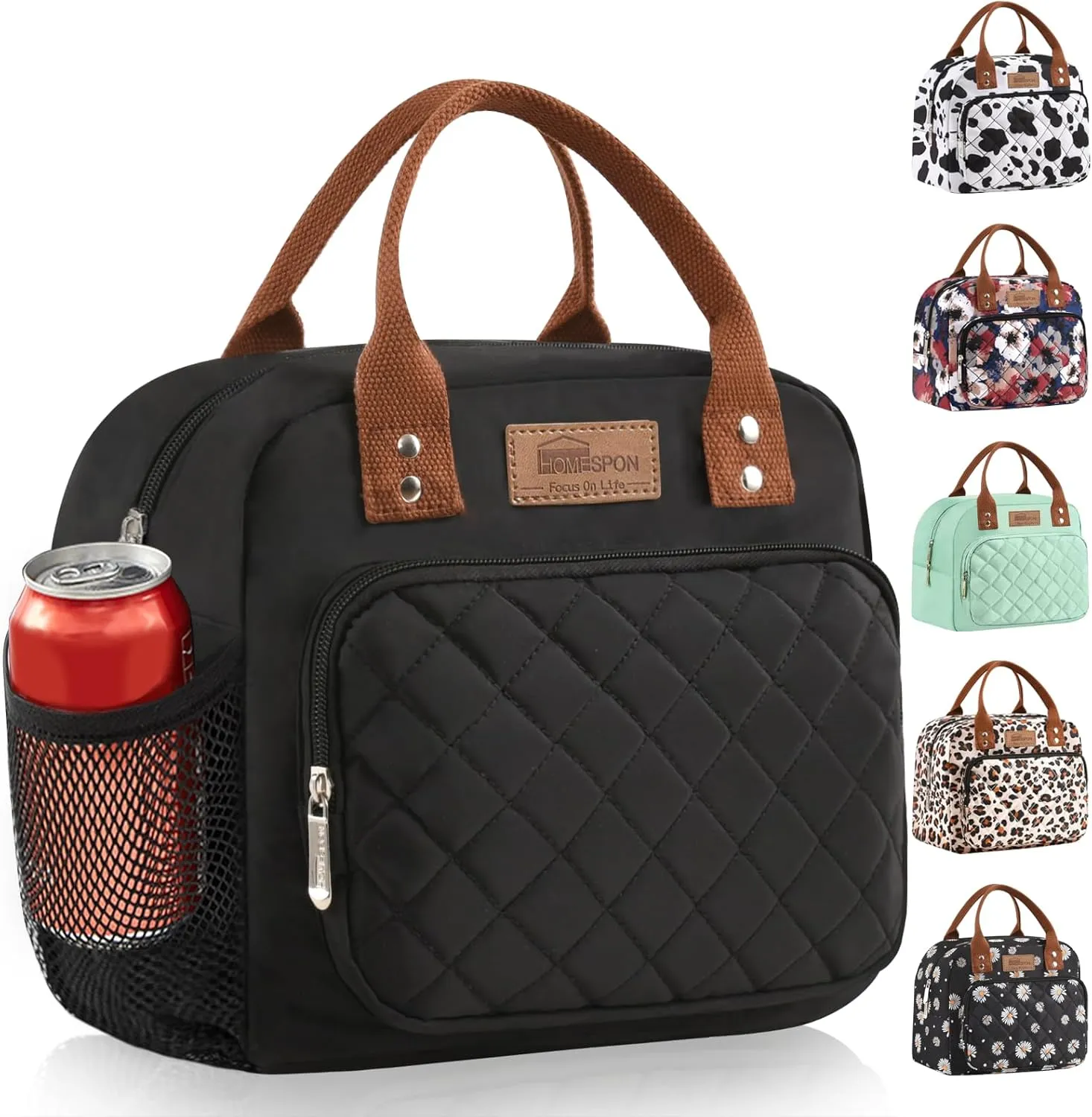 Buringer HOMESPON Lunch Bag for Woman Man Adults with Front Pocket Insulated Lunch Tote Lunch Box Container for Work Picnic or Travel (Black with Side Pockets)