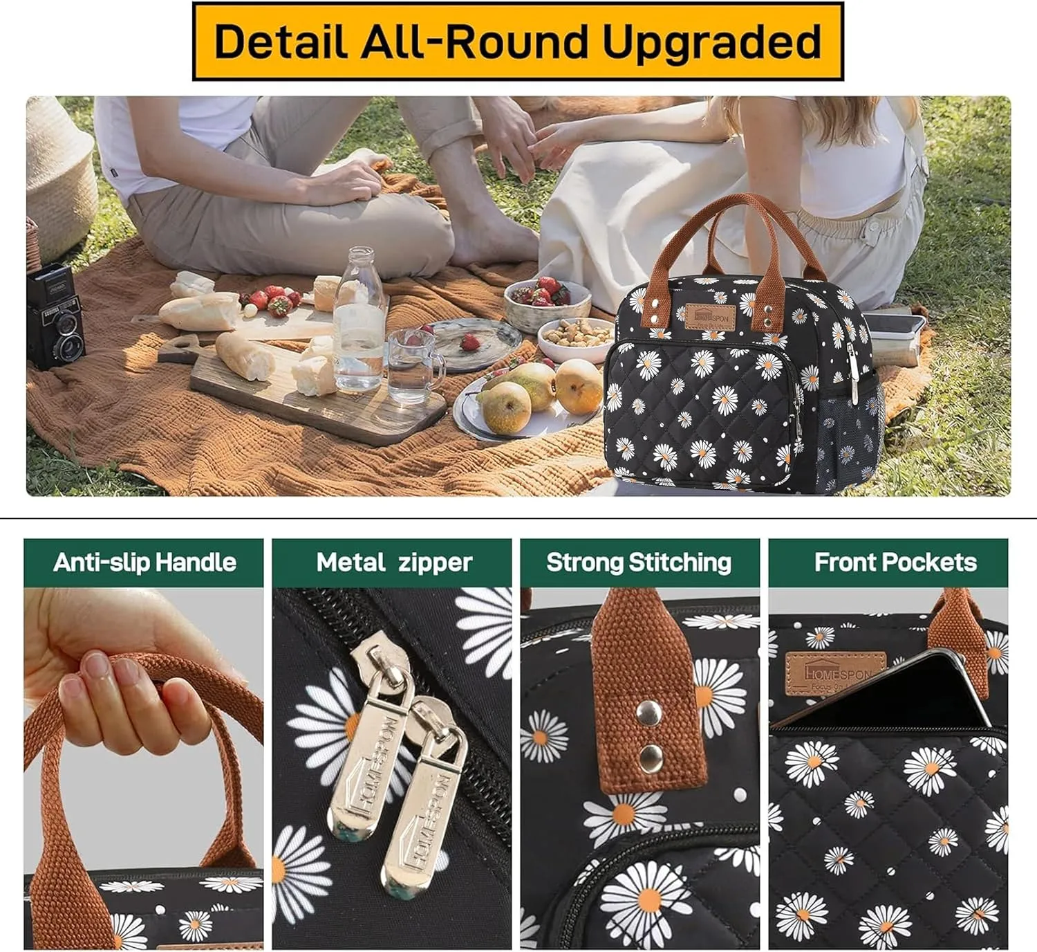 Buringer HOMESPON Lunch Bag for Woman Man Adults with Front Pocket Insulated Lunch Tote Lunch Box Container for Work Picnic or Travel（Daisy with Side Pockets）