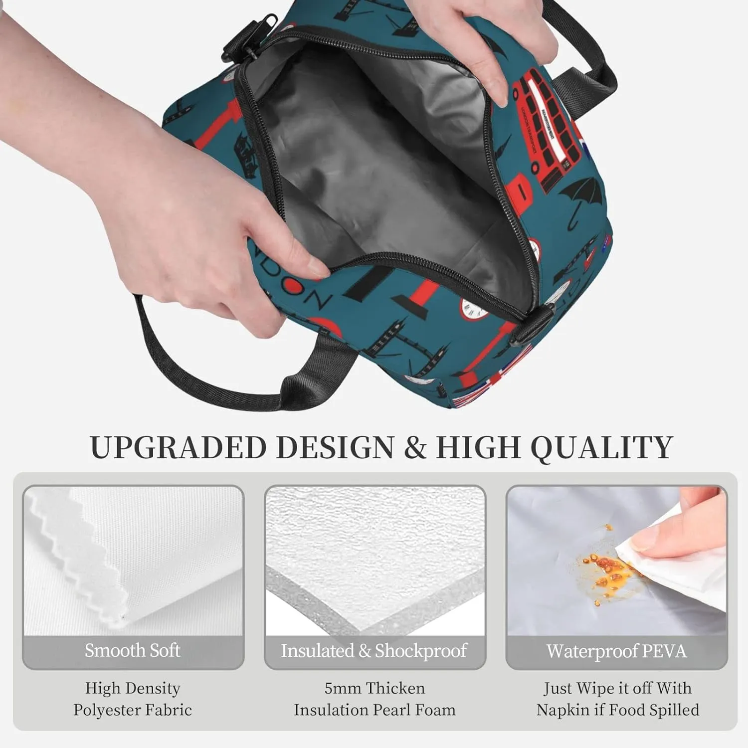 bus of London and British flag Insulated Lunch Bag,Waterproof Thermal Meal Tote,Adjustable Shoulder Strap and Reusable Lunch Box For Women,kids,Men -Work,School, Picnics,Travel,Beach,Fishing