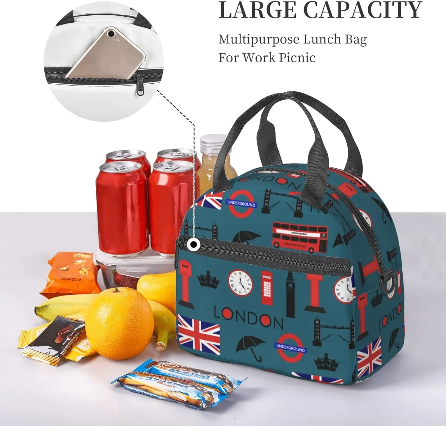 bus of London and British flag Insulated Lunch Bag,Waterproof Thermal Meal Tote,Adjustable Shoulder Strap and Reusable Lunch Box For Women,kids,Men -Work,School, Picnics,Travel,Beach,Fishing