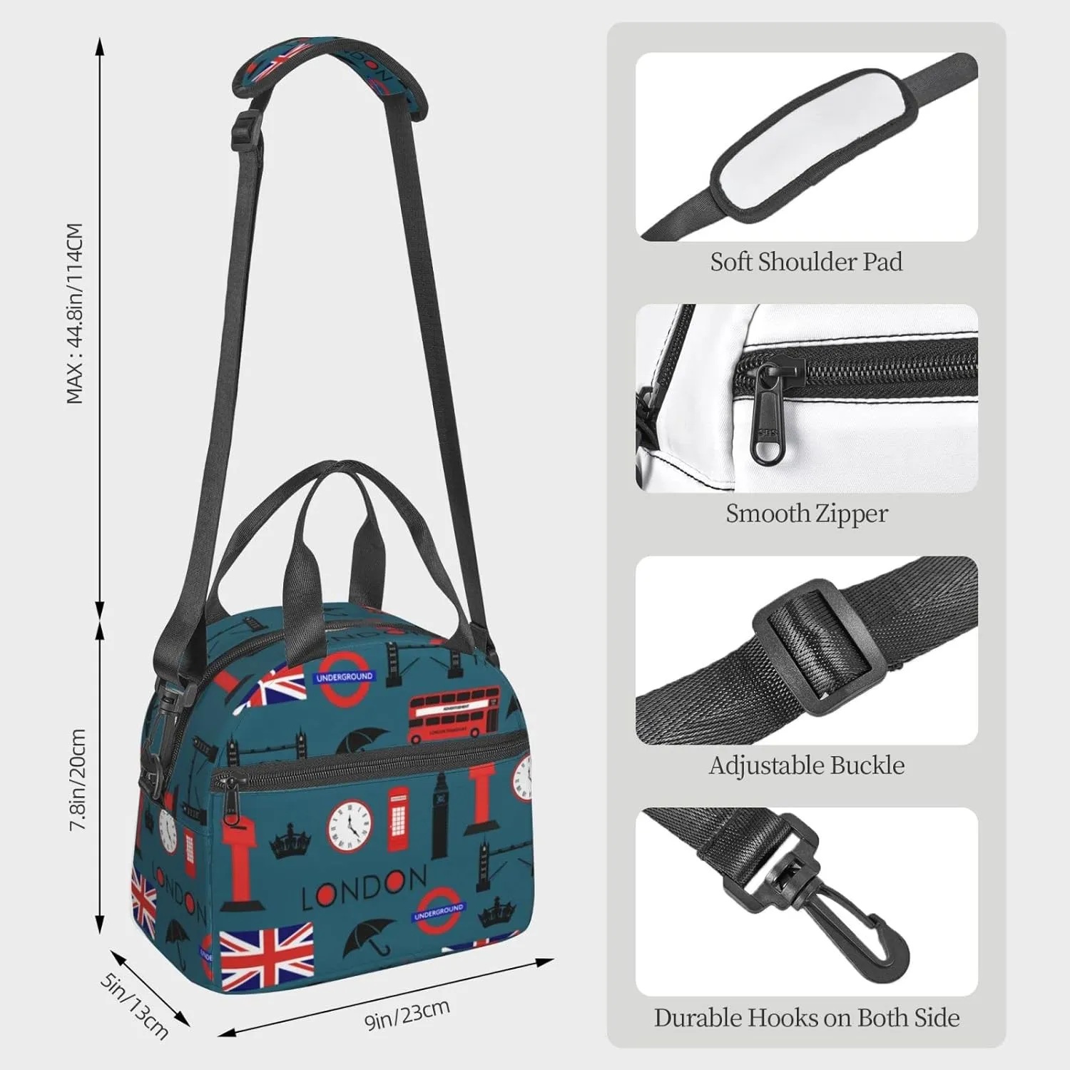 bus of London and British flag Insulated Lunch Bag,Waterproof Thermal Meal Tote,Adjustable Shoulder Strap and Reusable Lunch Box For Women,kids,Men -Work,School, Picnics,Travel,Beach,Fishing