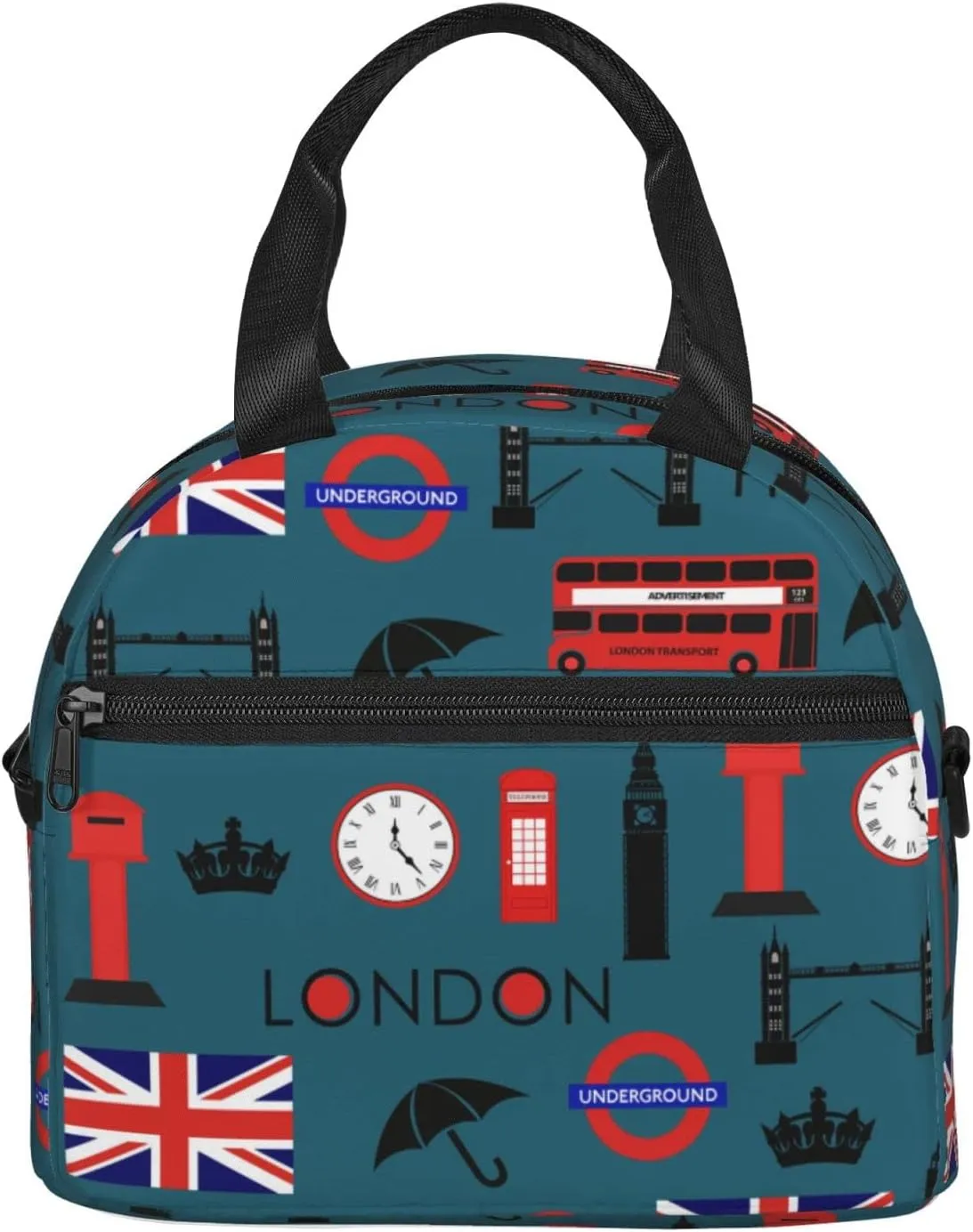 bus of London and British flag Insulated Lunch Bag,Waterproof Thermal Meal Tote,Adjustable Shoulder Strap and Reusable Lunch Box For Women,kids,Men -Work,School, Picnics,Travel,Beach,Fishing