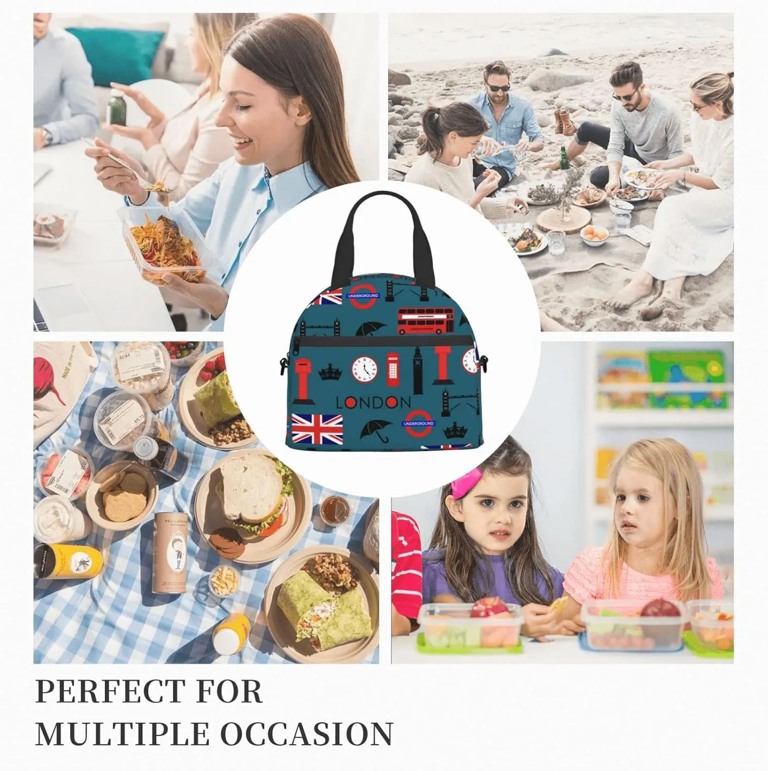 bus of London and British flag Insulated Lunch Bag,Waterproof Thermal Meal Tote,Adjustable Shoulder Strap and Reusable Lunch Box For Women,kids,Men -Work,School, Picnics,Travel,Beach,Fishing