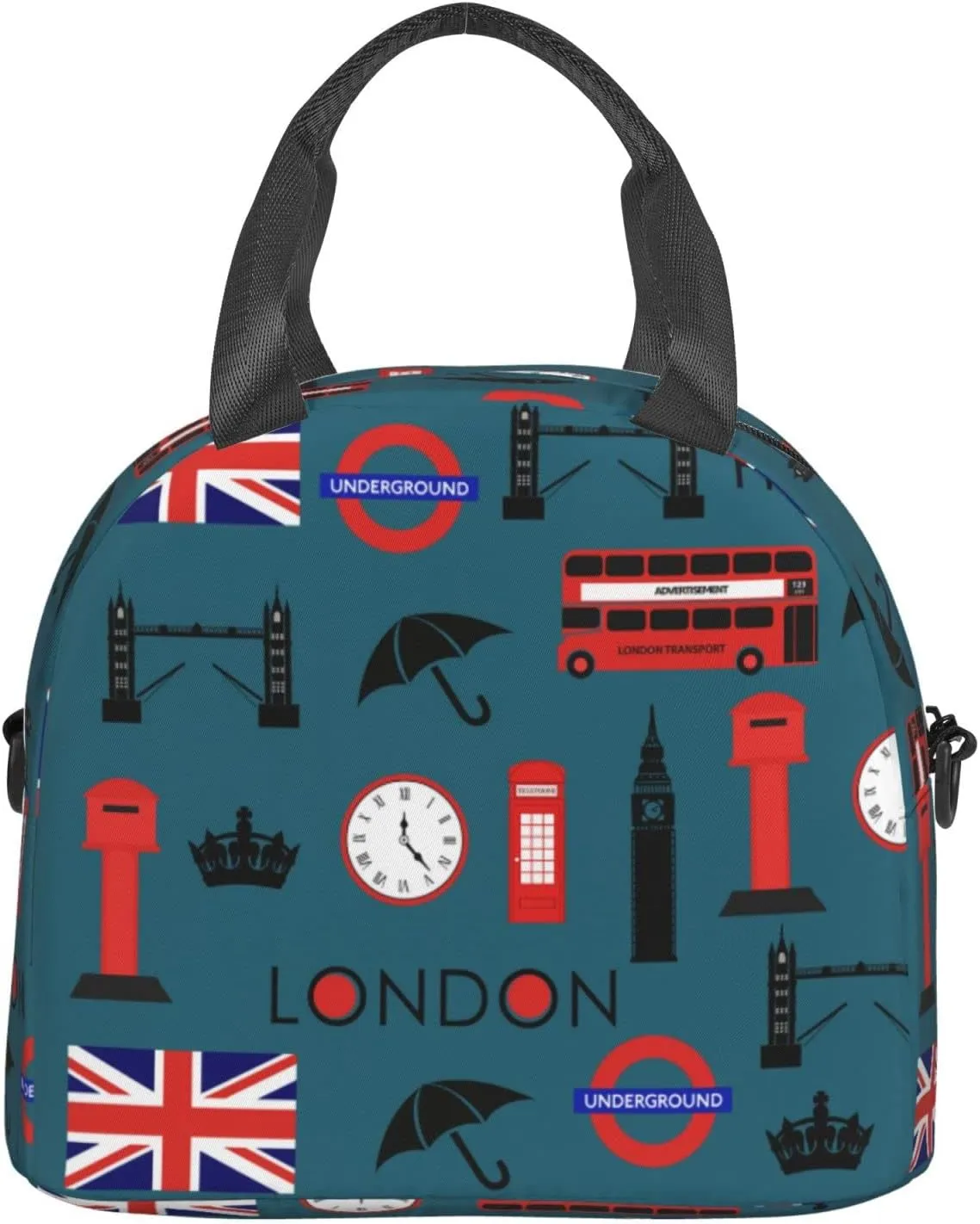 bus of London and British flag Insulated Lunch Bag,Waterproof Thermal Meal Tote,Adjustable Shoulder Strap and Reusable Lunch Box For Women,kids,Men -Work,School, Picnics,Travel,Beach,Fishing