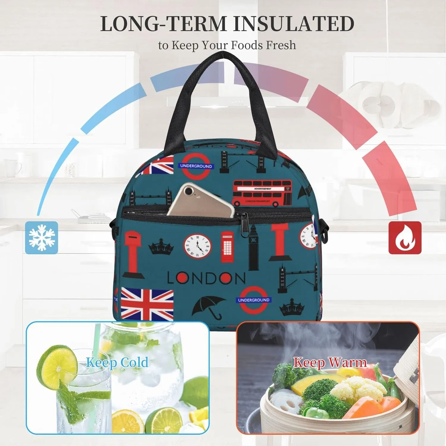 bus of London and British flag Insulated Lunch Bag,Waterproof Thermal Meal Tote,Adjustable Shoulder Strap and Reusable Lunch Box For Women,kids,Men -Work,School, Picnics,Travel,Beach,Fishing