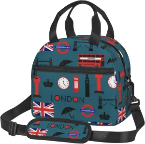 bus of London and British flag Insulated Lunch Bag,Waterproof Thermal Meal Tote,Adjustable Shoulder Strap and Reusable Lunch Box For Women,kids,Men -Work,School, Picnics,Travel,Beach,Fishing