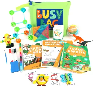 Busy Bag Travel Toys for Toddlers with Coloring Book, Busy Book for Toddler Travel Essential, Road Trip Activities for Kids with Tangram Puzzle, Reusable Sticker Book and More