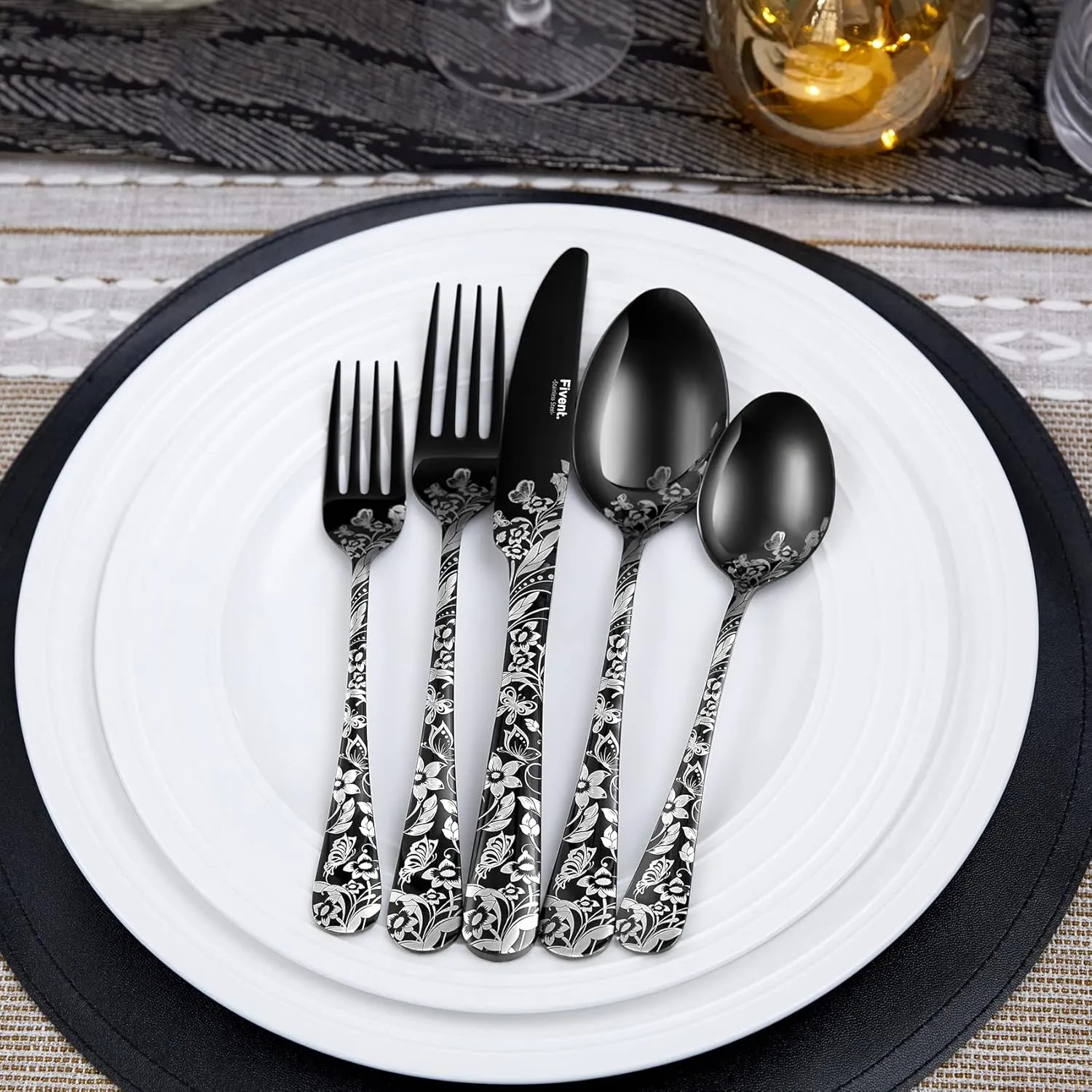 Butterfly Black Cutlery Set - 20 pcs - Includes 8 x Spoons, 8 x Forks, 4 x Knife - Stainless Steel, Dishwasher Safe, Mirror Polished Tableware - Durable Flatware - Home Kitchen