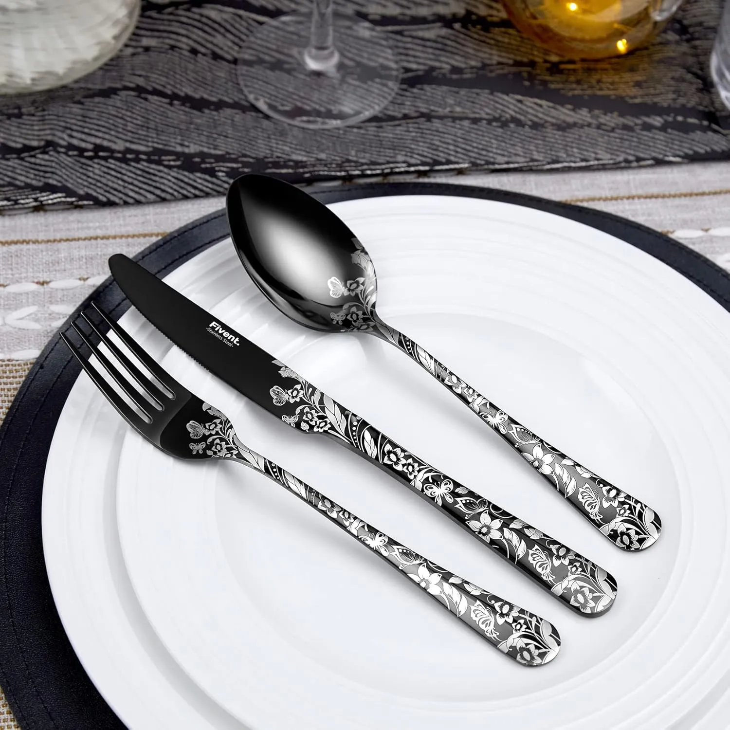 Butterfly Black Cutlery Set - 20 pcs - Includes 8 x Spoons, 8 x Forks, 4 x Knife - Stainless Steel, Dishwasher Safe, Mirror Polished Tableware - Durable Flatware - Home Kitchen