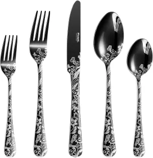 Butterfly Black Cutlery Set - 20 pcs - Includes 8 x Spoons, 8 x Forks, 4 x Knife - Stainless Steel, Dishwasher Safe, Mirror Polished Tableware - Durable Flatware - Home Kitchen