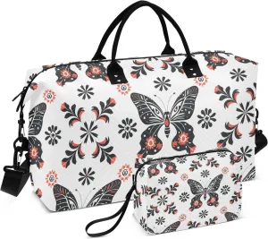 Butterfly Pattern Tribal Travel Duffle Bag,Large Weekender Travel Bag for Women Men Waterproof Luggage Bag with Trolley Sleeve,Airplane Travel Essentials for Flying