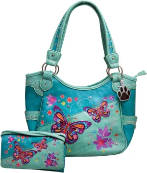 Butterfly Purse Western Country Shoulder Handbag Wallet Set for Women