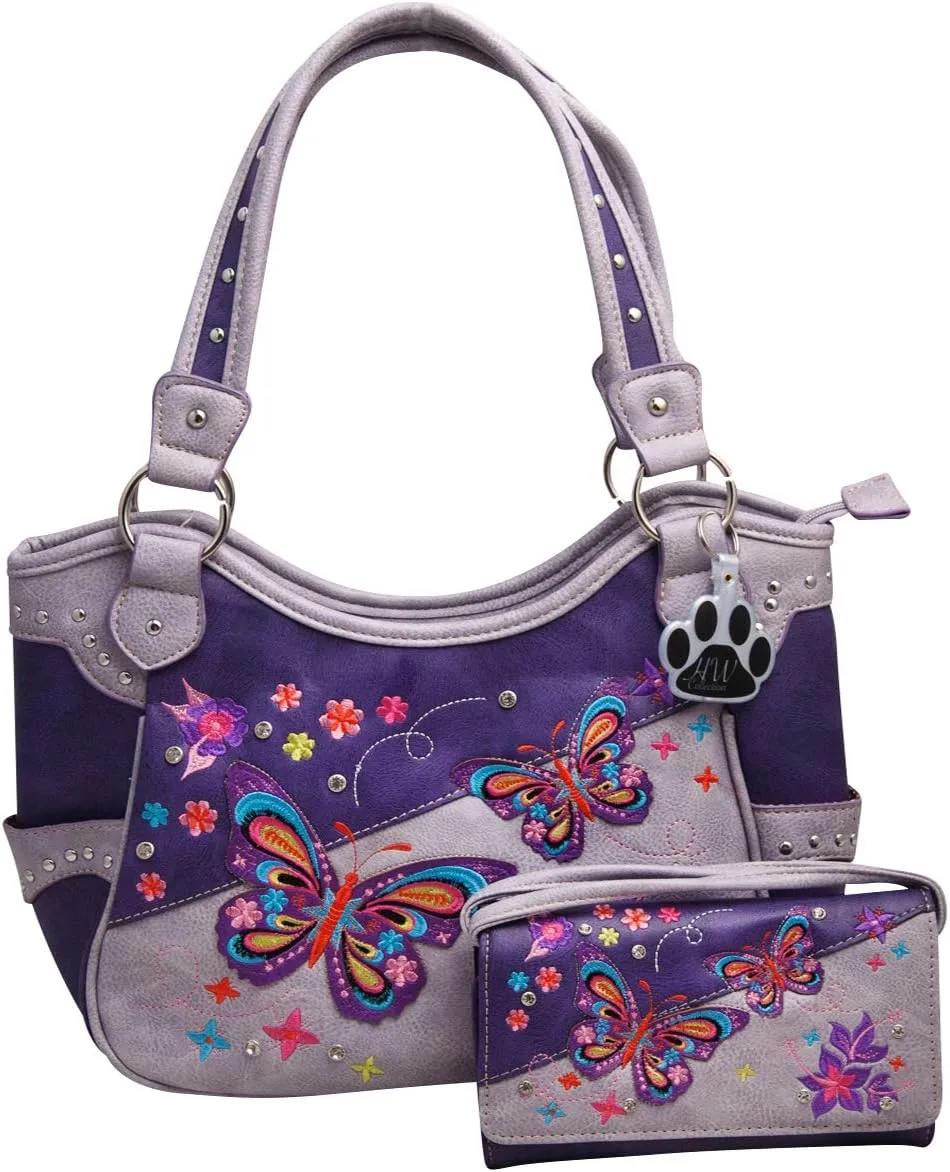 Butterfly Purse Western Country Shoulder Handbag Wallet Set for Women