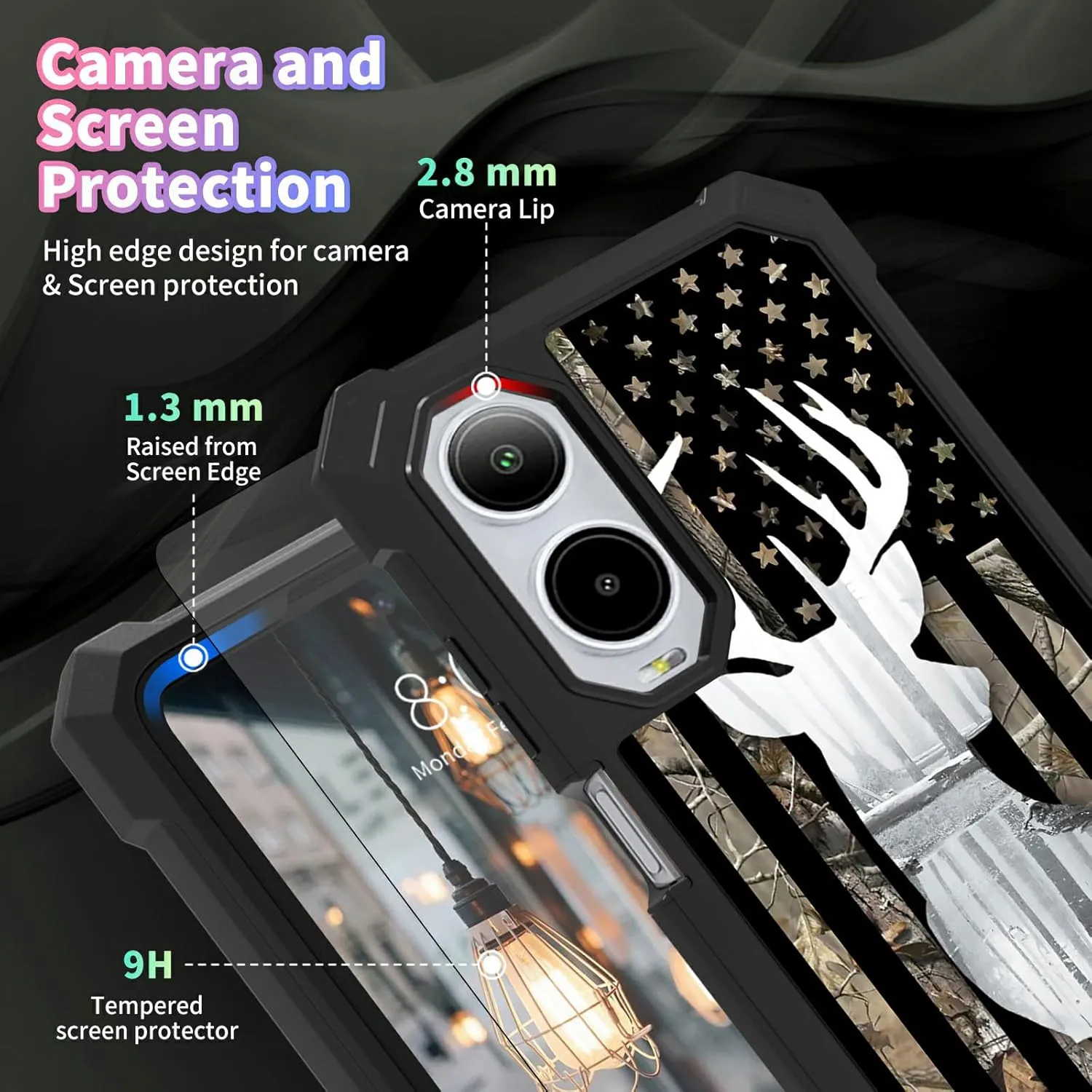 BVDIKMI for Cricket Icon 6 Case with Screen Protector, Full-Body Shockproof Protective Heavy Duty Rugged Bumper Phone Cover Case for ATT Verge SL219A, Camo Flag Deer