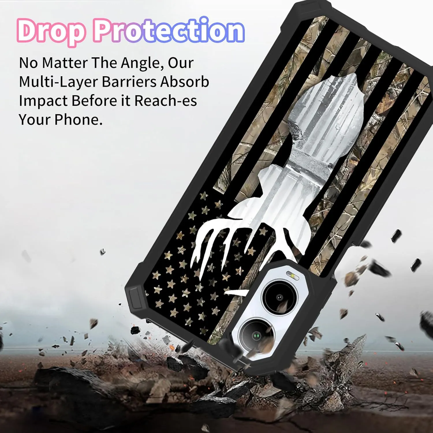 BVDIKMI for Cricket Icon 6 Case with Screen Protector, Full-Body Shockproof Protective Heavy Duty Rugged Bumper Phone Cover Case for ATT Verge SL219A, Camo Flag Deer