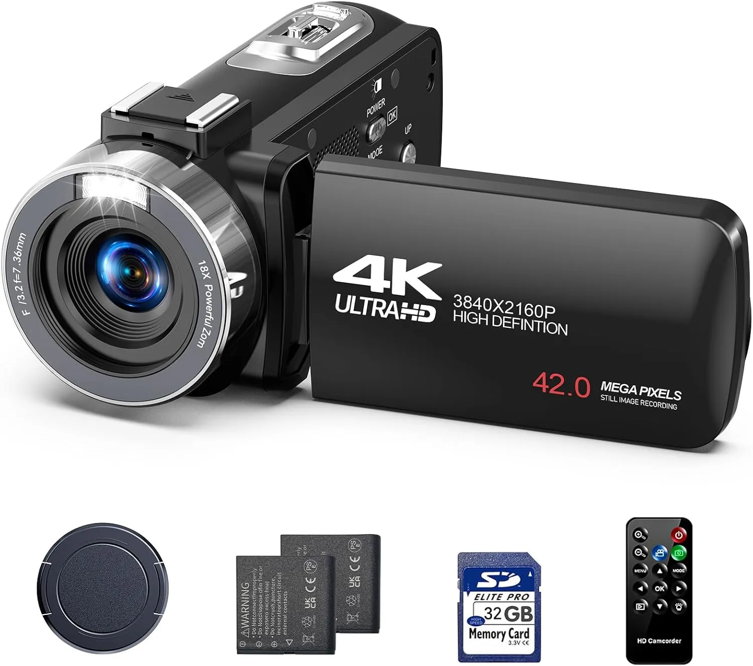 Camcorder Video Camera 4k 42MP, 18X Digital Zoom Vlogging Video Recorder for YouTube 3”270°Rotation Screen Compact 4K Travel Camcorders with 2 Batteries, 32GB SD Card, Remote Control