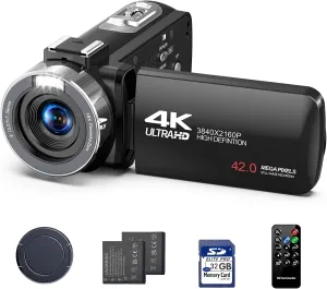 Camcorder Video Camera 4k 42MP, 18X Digital Zoom Vlogging Video Recorder for YouTube 3”270°Rotation Screen Compact 4K Travel Camcorders with 2 Batteries, 32GB SD Card, Remote Control