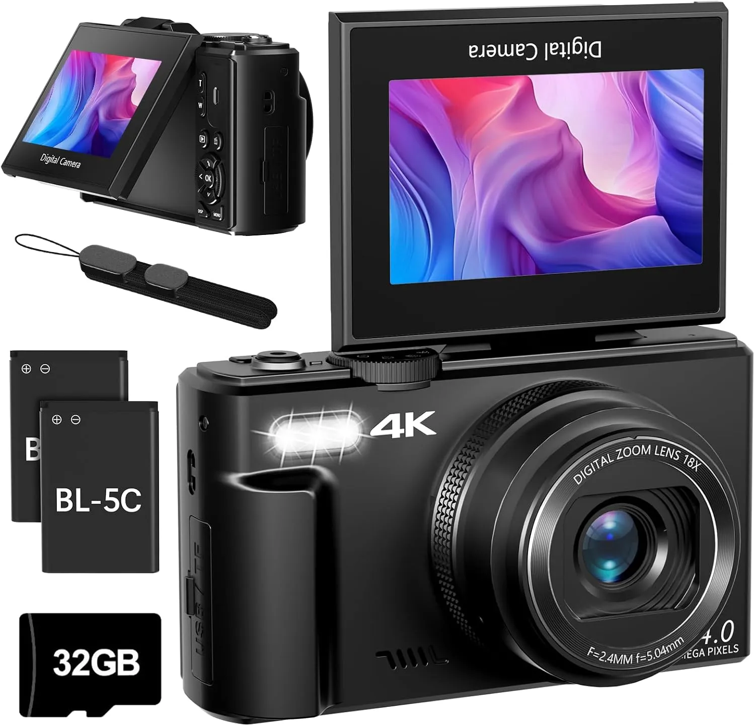 Cameras for Photography, 4K 64MP Digital Vlogging Camera for YouTube with 3" 180° Flip Screen, Compact WiFi Camera with 18X Digital Zoom, 32GB Micro SD Card & 2 Batteries