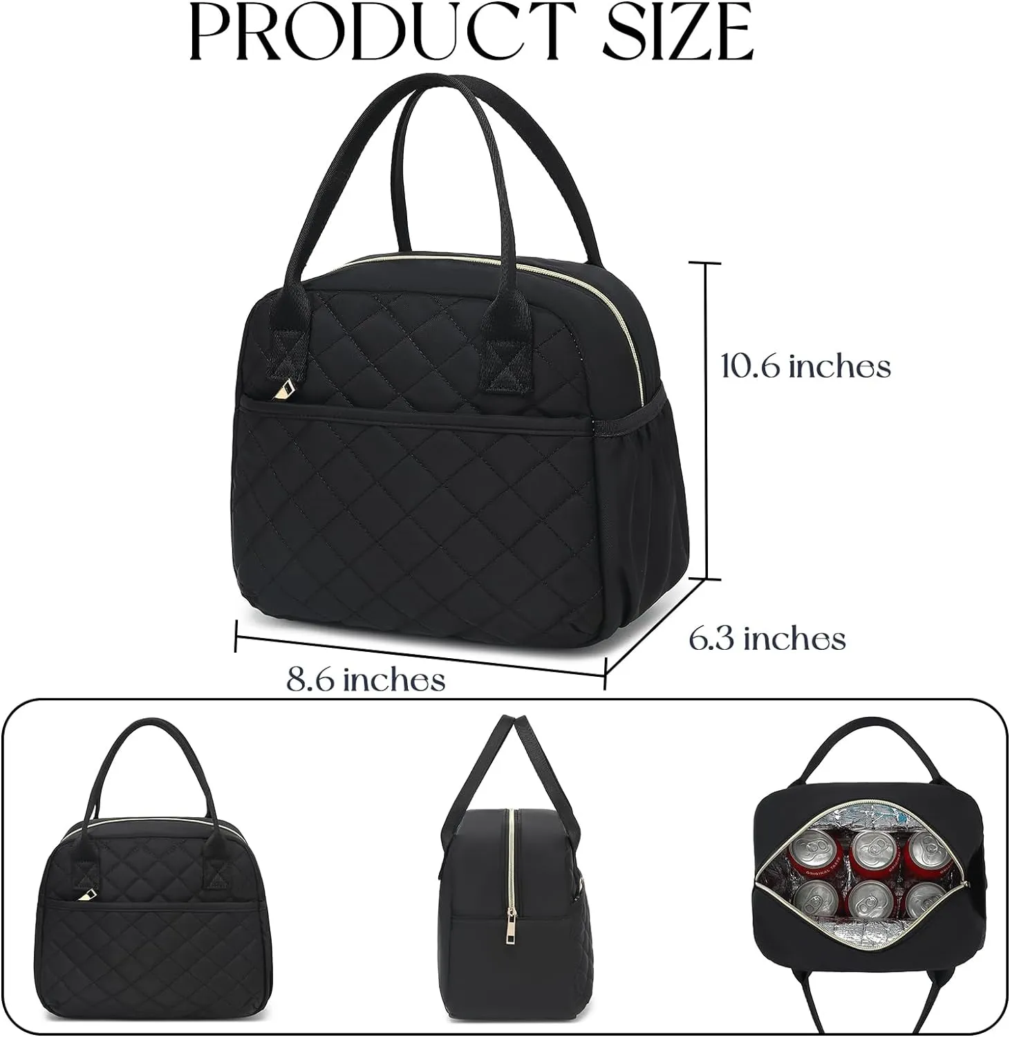 CAMTOP Lunch Box for Women Insulated Lunch Bag Lunchbox Cooler Thermal Leakproof Quilted Reusable Lunch Tote Bag for Work School Travel Picnic (Black)