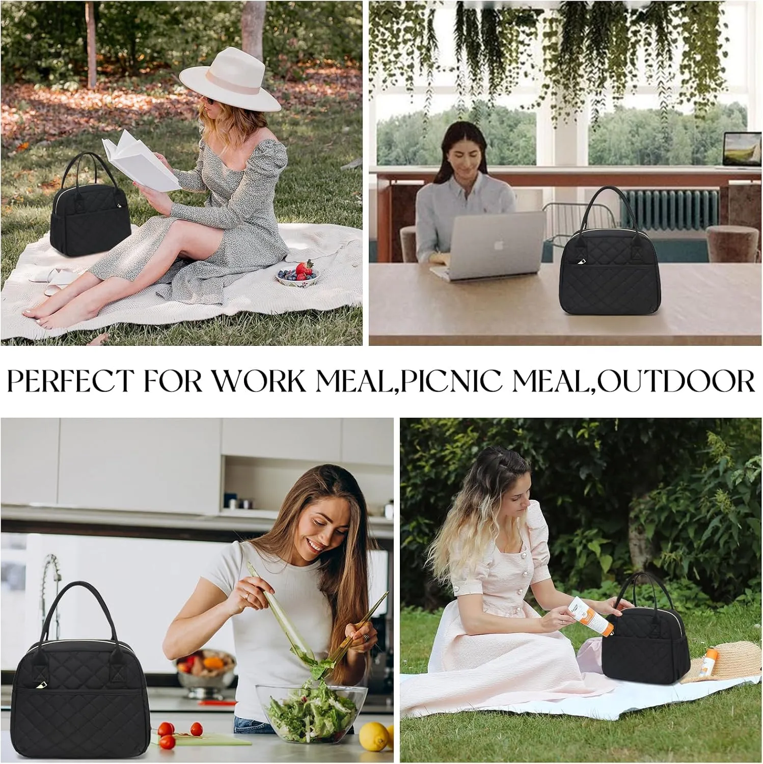 CAMTOP Lunch Box for Women Insulated Lunch Bag Lunchbox Cooler Thermal Leakproof Quilted Reusable Lunch Tote Bag for Work School Travel Picnic (Black)