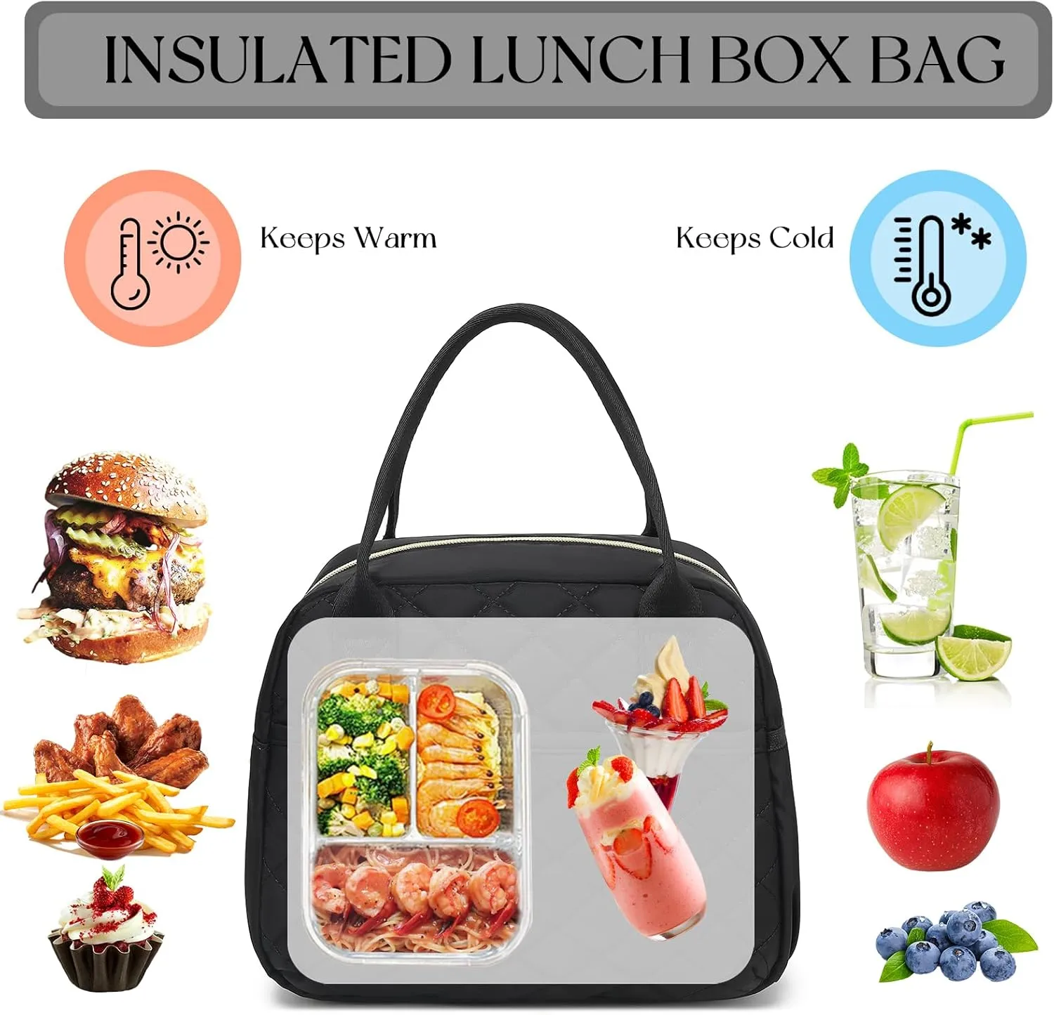 CAMTOP Lunch Box for Women Insulated Lunch Bag Lunchbox Cooler Thermal Leakproof Quilted Reusable Lunch Tote Bag for Work School Travel Picnic (Black)