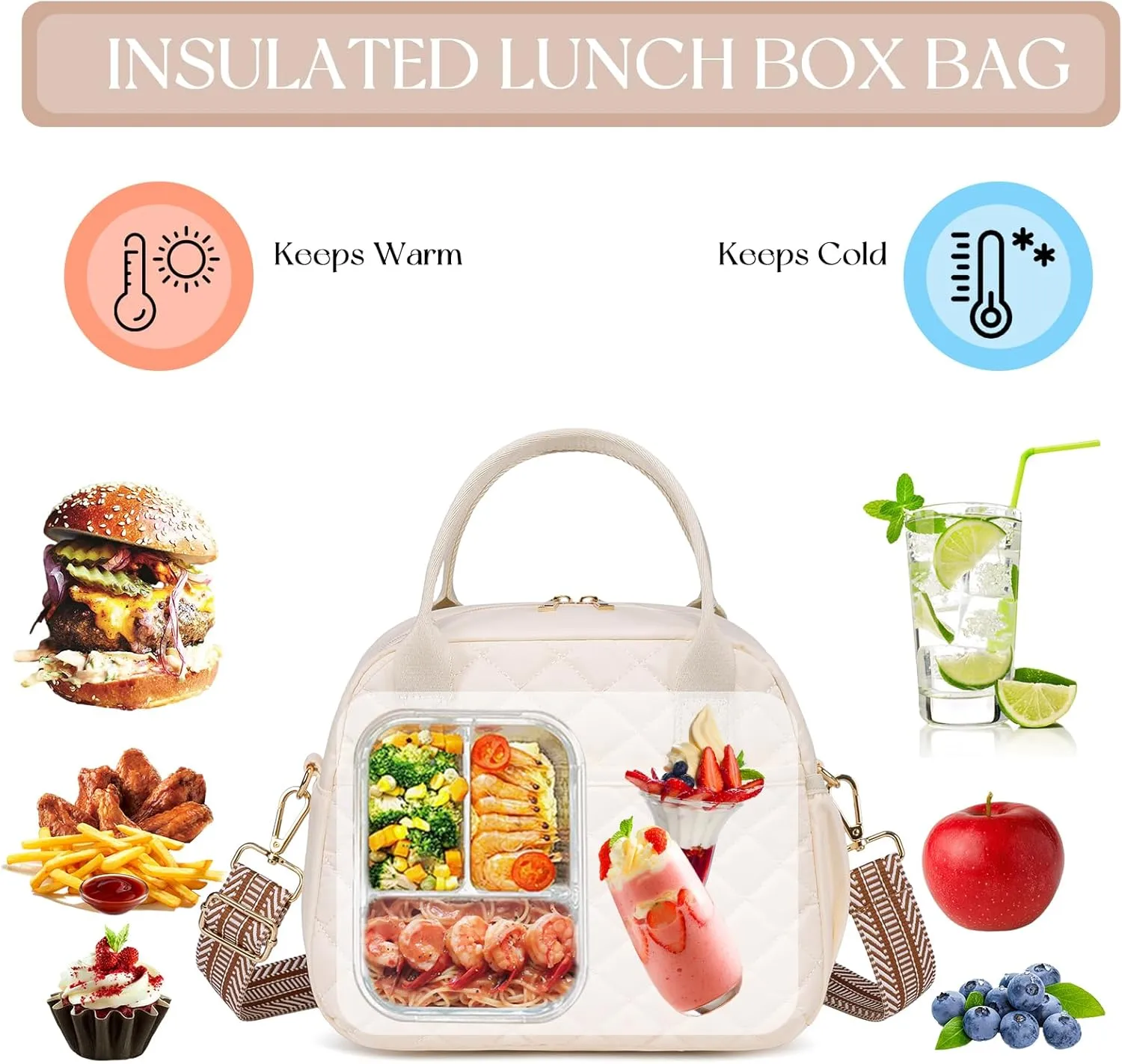 CAMTOP Lunch Box for Women Men Insulated Lunch Bag Lunch Tote Bag Leakproof Thermal Cooler Large Capacity for Travel Work School Picnic (Shoulder-Beige)