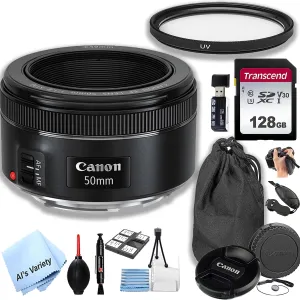 Canon EF 50mm f/1.8 STM Prime Lens  128GB Memory   UV Filter  Lens Pouch  Grip   More (18pc Kit) (Renewed)