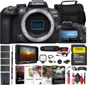 Canon EOS R10 Mirrorless Camera (5331C002)   4K Monitor   Rode VideoMic   Sony 64GB Tough SD Card   Bag   Charger   3 x LPE17 Battery   Card Reader   LED Light   Corel Photo Software   More (Renewed)