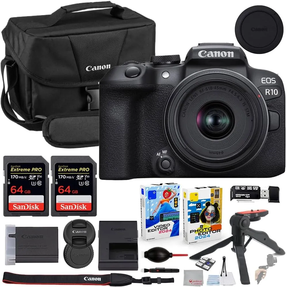 Canon EOS R10 Mirrorless Camera with 18-45mm Lens Bundle with Canon 200ES EOS Shoulder Bag   2X 64GB Extreme Memory Cards   Accessory Kit
