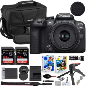 Canon EOS R10 Mirrorless Camera with 18-45mm Lens Bundle with Canon 200ES EOS Shoulder Bag   2X 64GB Extreme Memory Cards   Accessory Kit