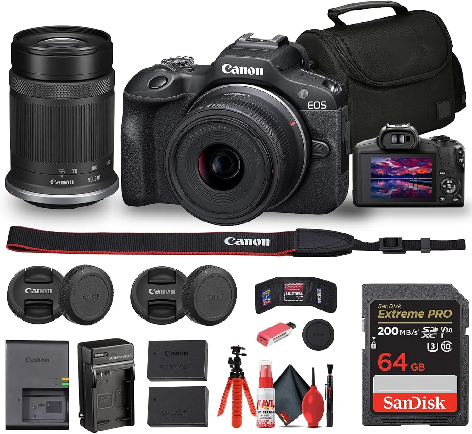 Canon EOS R100 Mirrorless Camera with 18-45mm and 55-210mm Lenses Kit (6052C022)   Bag   64GB Card   LPE17 Battery   Charger   Card Reader   Flex Tripod   Cleaning Kit   Memory Wallet (Renewed)
