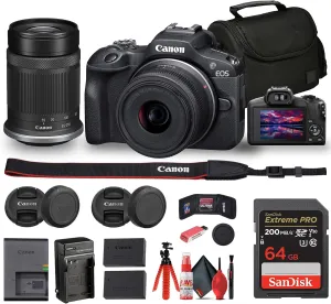 Canon EOS R100 Mirrorless Camera with 18-45mm and 55-210mm Lenses Kit (6052C022)   Bag   64GB Card   LPE17 Battery   Charger   Card Reader   Flex Tripod   Cleaning Kit   Memory Wallet (Renewed)