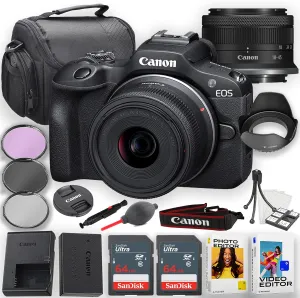 Canon EOS R100 Mirrorless Camera with 18-45mm is STM Lens   2pc 64GB Memory Cards   Photo and Video Editing Software, Case, Filters & More, Black (Renewed)