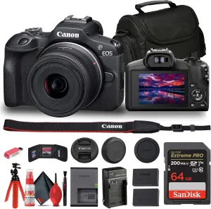 Canon EOS R100 Mirrorless Camera with 18-45mm Lens (6052C012)   64GB Card   LPE17 Battery   Charger   Card Reader   Flex Tripod   Cleaning Kit   Memory Wallet   Bag (Renewed)