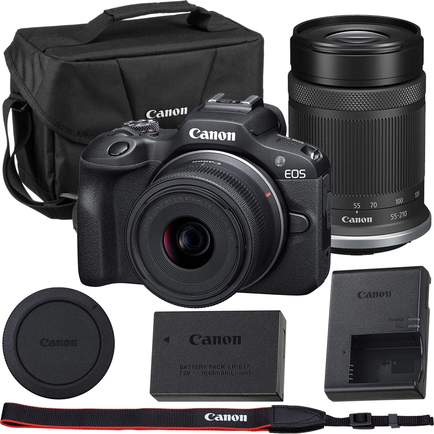 Canon EOS R100 Mirrorless Camera with Canon RF-S 18-45mm f/4.5-6.3 is STM and RF-S 55-210mm f/5-7.1 is STM Lens Kit with Canon Shoulder Bag, Black