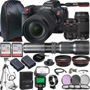 Canon EOS R5 C Mirrorless Cinema Camera w/RF 24-105mm f/4 L is USM Lens   EF 75-300mm f/4-5.6 III Lens   500mm f/8 Focus Lens   2X 64GB Memory   Filters   TTL Flash   More (35pc Bundle) (Renewed)