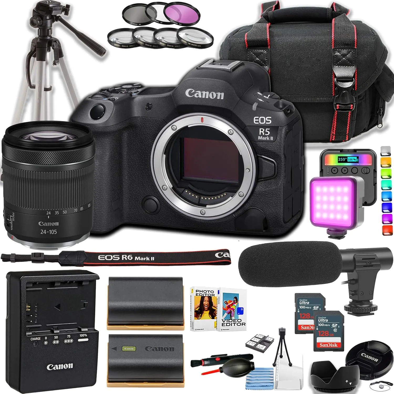 Canon EOS R5 Mark II w/24-105mm STM Lens   Camera Case   Directional Microphone   More (21pc Bundle) (Renewed)