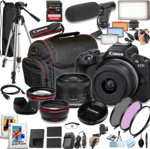 Canon EOS R50 24.2MP APS-C CMOS Sensor Mirrorless Camera with 18-45mm Lens, 128GB Extreme Speed Memory, Video Light, Microphone, Grip, Filters, Lenses, Case, Software, More, Black (Renewed)