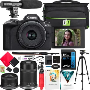 Canon EOS R50 Mirrorless Camera Body with 2 Lens Kit RF-S 18-45mm is STM and RF-S 55-210mm is STM 5811C022 Bundle with Deco Gear Photography Bag   Microphone   Tripod   Software & Accessories Kit